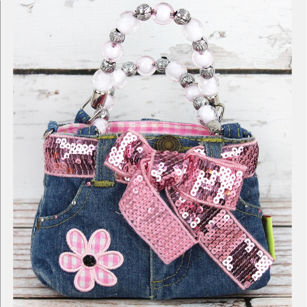 DENIM JEANS BOX BAG WITH BEADED HANDLES